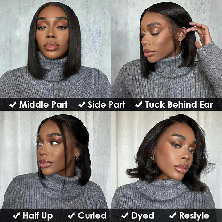 13x4 HD lace straight short bob wig in Natural Black