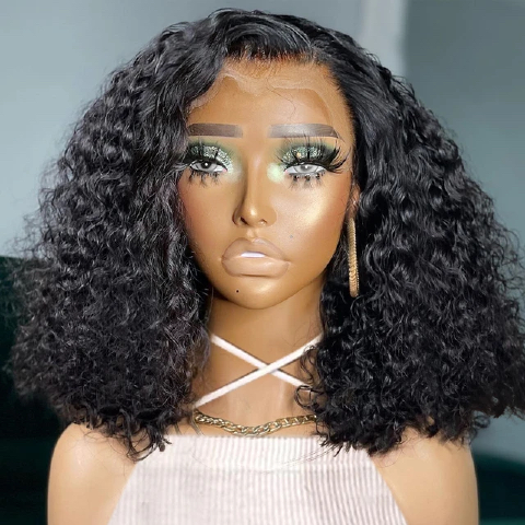 14A super double-drawn Curly Natural Black 13x4 bob wig
