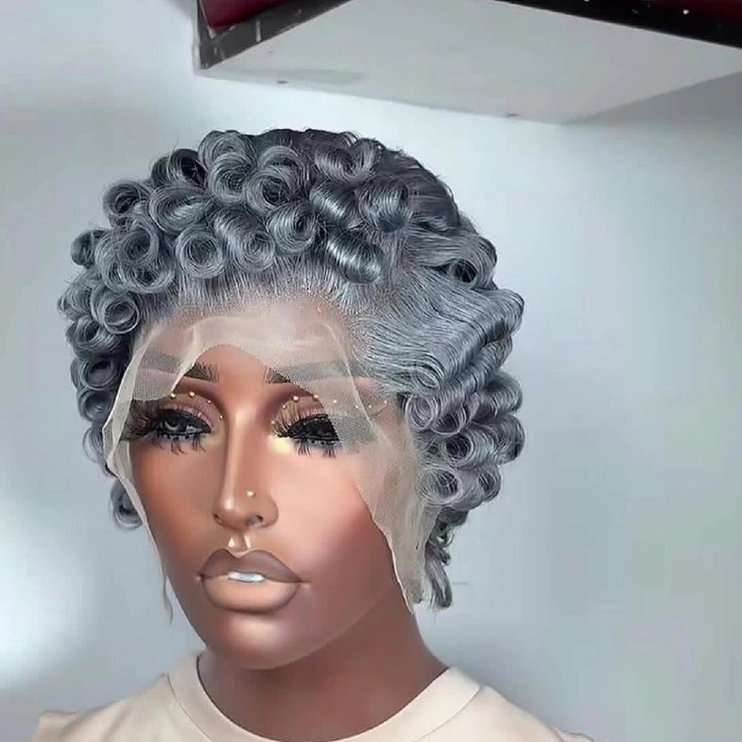 Grey 13x4 full-frontal short pixie wig