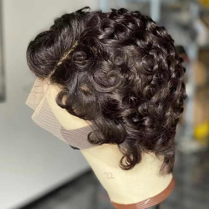 Damo curly lace pixie wig in Natural Black