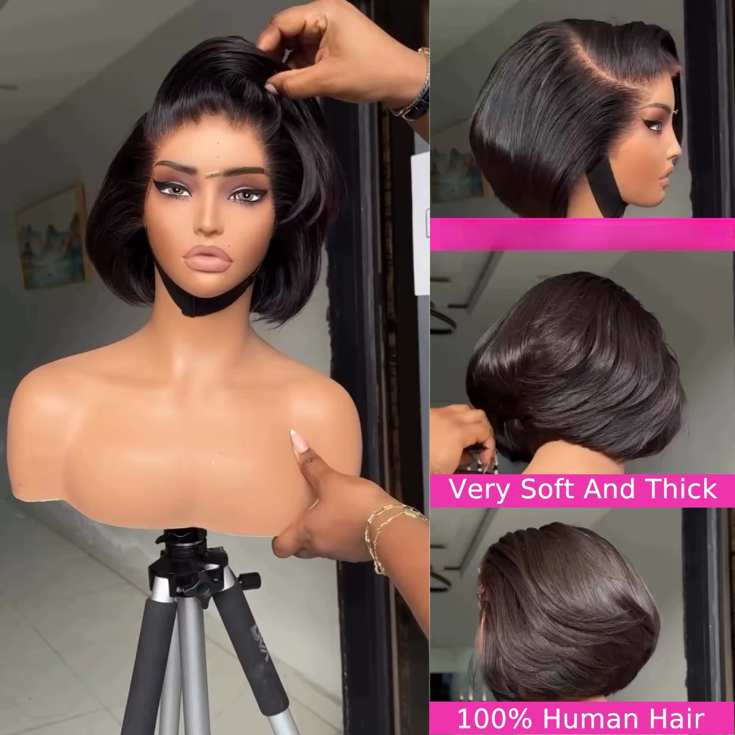 Super double-drawn 13x4 full-frontal Natural Black pixie wig