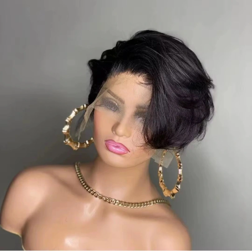 Super double-drawn 13x4 full-frontal Natural Black pixie wig