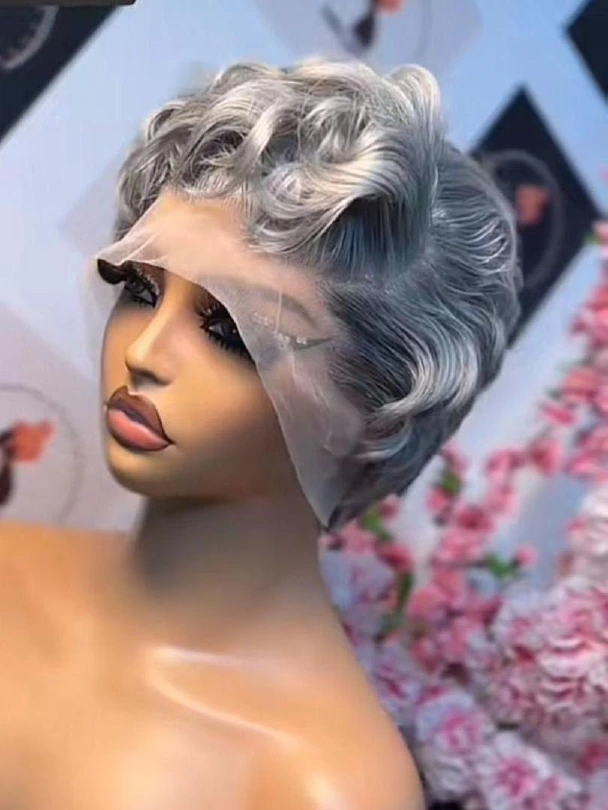 Grey 13x4 full-frontal short pixie wig