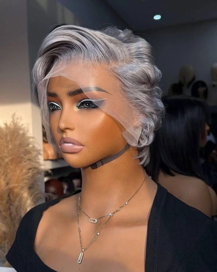 Grey 13x4 full-frontal short pixie wig