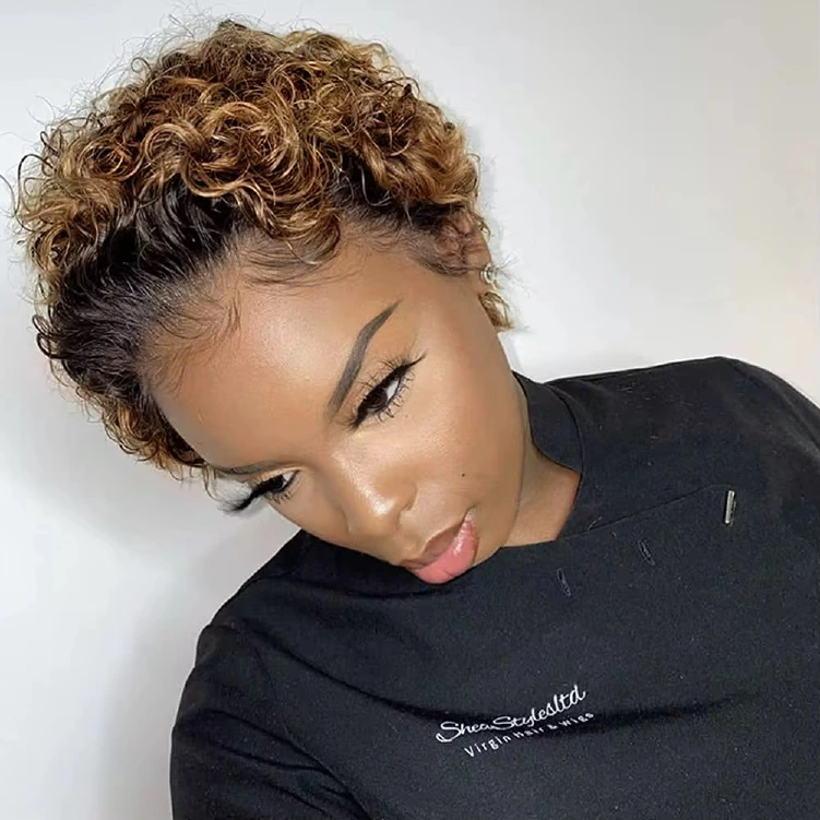 Short curly 13x1 lace pixie wig in three colours