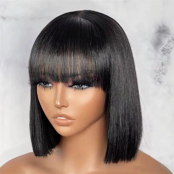 14A double-drawn 2x4 closure Natural Black fringe bob wig