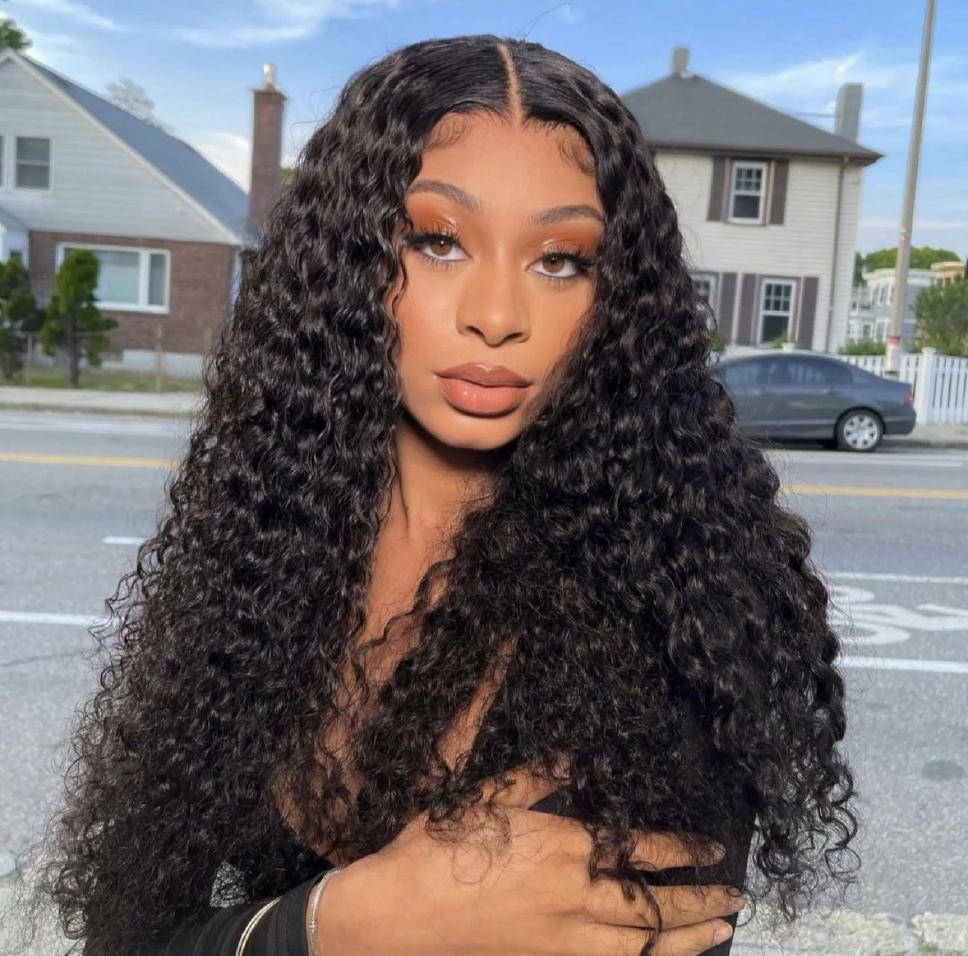 13AAA long Natural Black 4x4 glueless water-curly wig