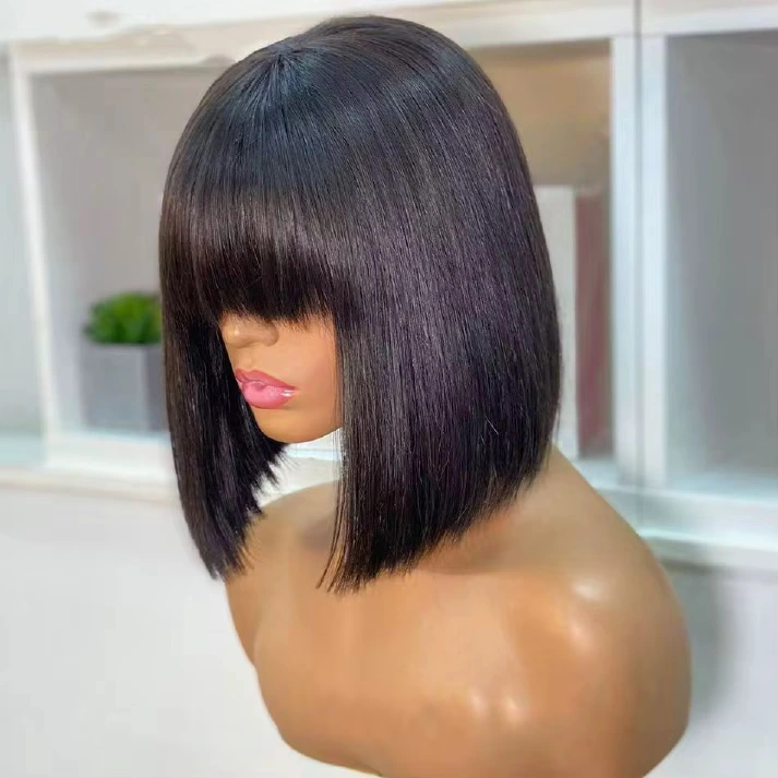 14A double-drawn 2x4 closure Natural Black fringe bob wig
