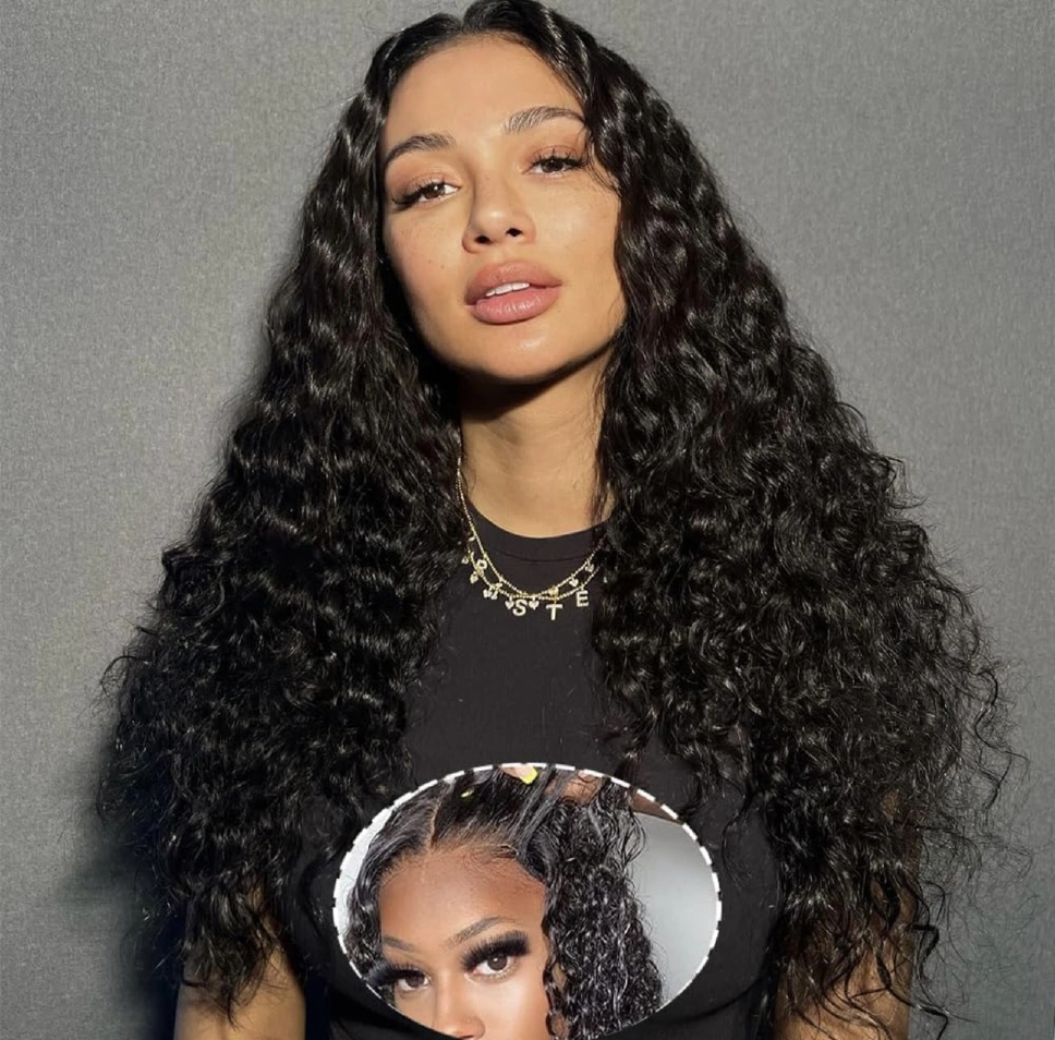 13AAA long Natural Black 4x4 glueless water-curly wig