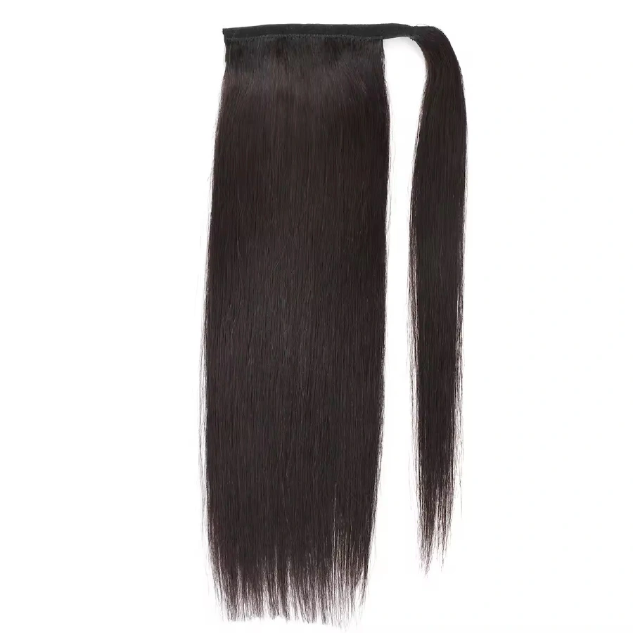 Straight human-hair ponytail with clip in Natural Black