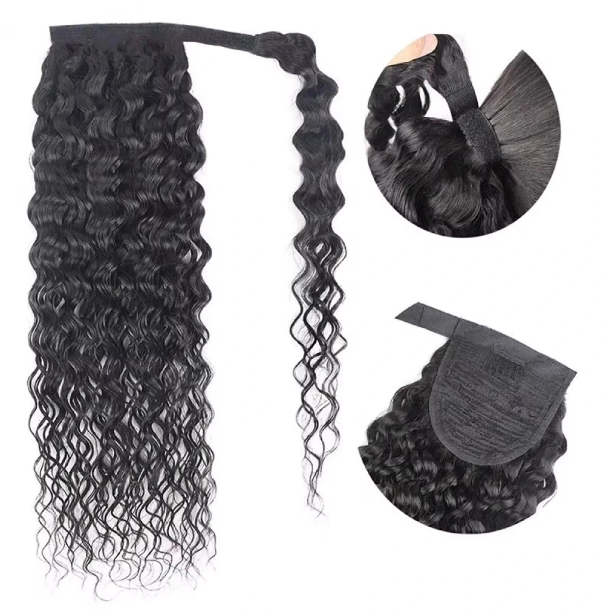 Straight human-hair ponytail with clip in Natural Black