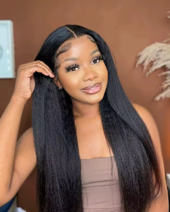 13AA Natural Black 13x4 kinky-straight Yaki frontal wig