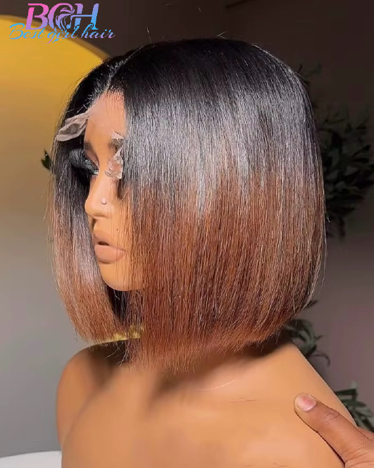Wholesale Vietnamese 1B/#4 Human Hair Wigs Glueless 5x5 Bob Wigs Bone Straight Ombre two tone color