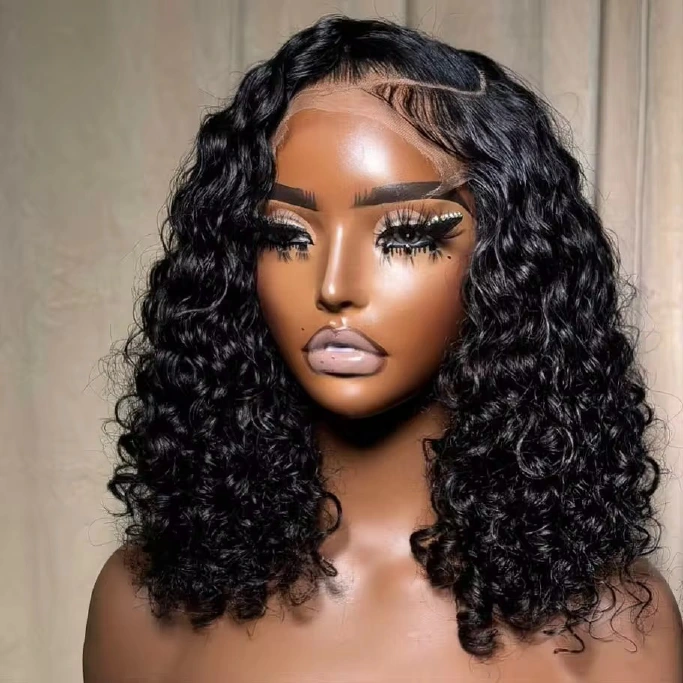 14AA SDD Natural Black 4x4 water-curly bob wig