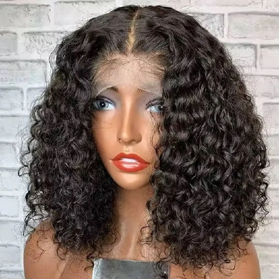 13AA Natural Black 13x4 water-curly frontal bob wig