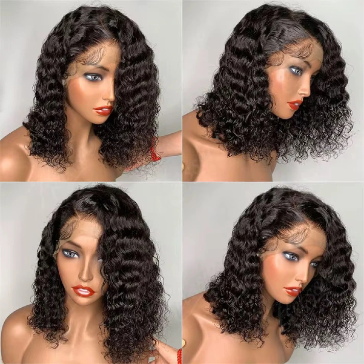 13AA Natural Black 13x4 water-curly frontal bob wig