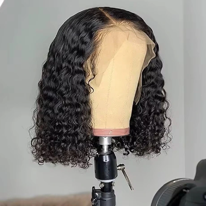 13AA Natural Black 13x4 water-curly frontal bob wig
