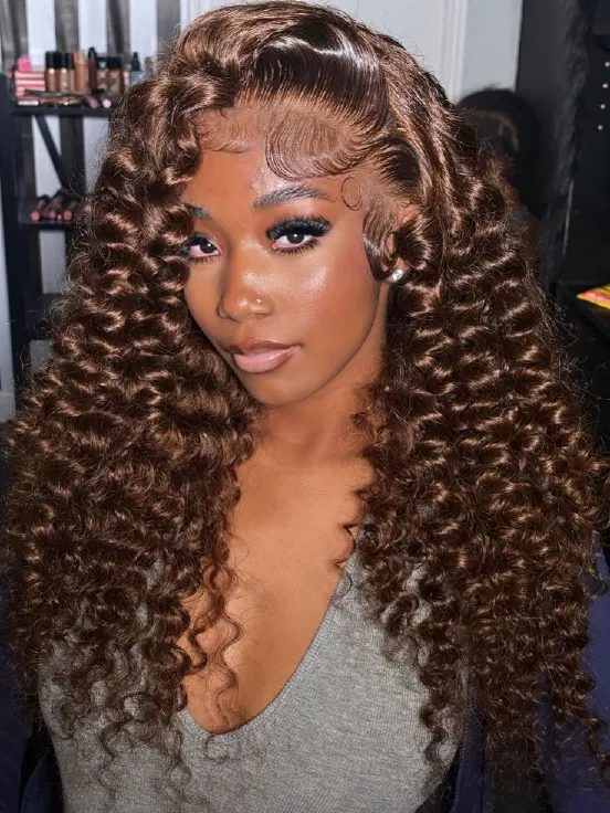 Deep-wave 13x4 frontal curly wigs in #4 Brown and 99J Burgundy