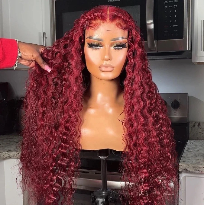 Wholesale Deep Wave Curly Color #4 & 99J Burgundy Full Frontal Lace Wigs 13x4 Lace Full Frontal Color Curly Wigs
